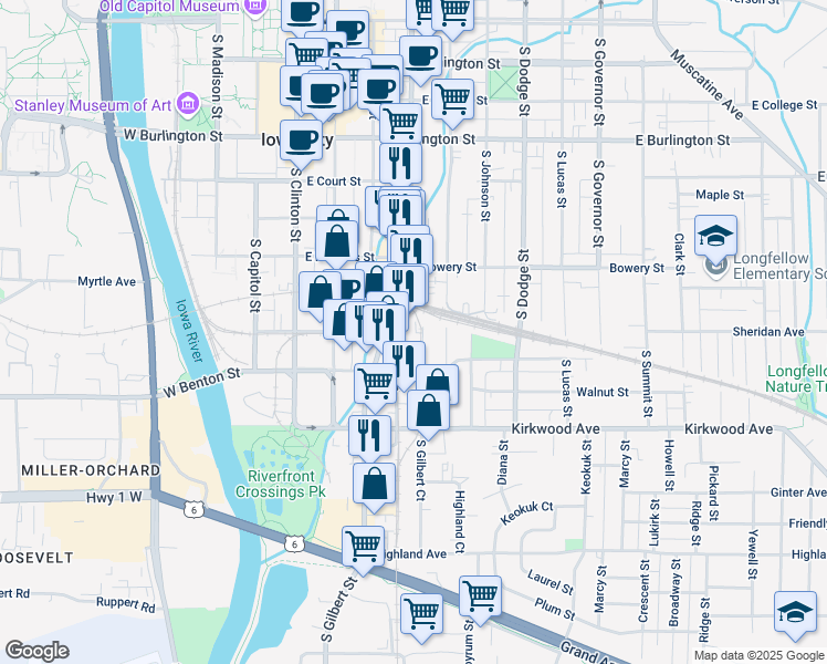 map of restaurants, bars, coffee shops, grocery stores, and more near 801 South Gilbert Court in Iowa City