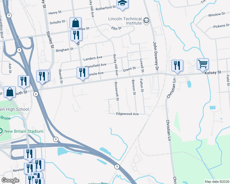 map of restaurants, bars, coffee shops, grocery stores, and more near 47 Roosevelt Street in New Britain