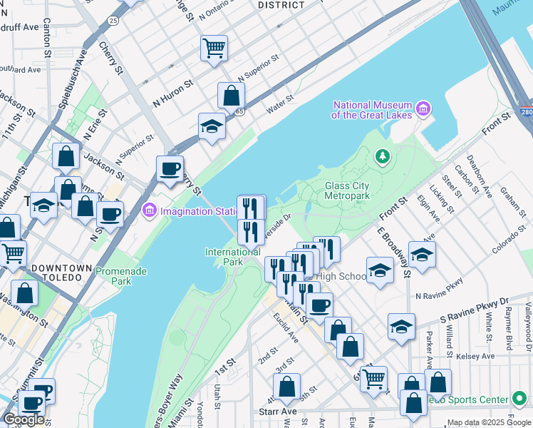 map of restaurants, bars, coffee shops, grocery stores, and more near 57 Main Street in Toledo