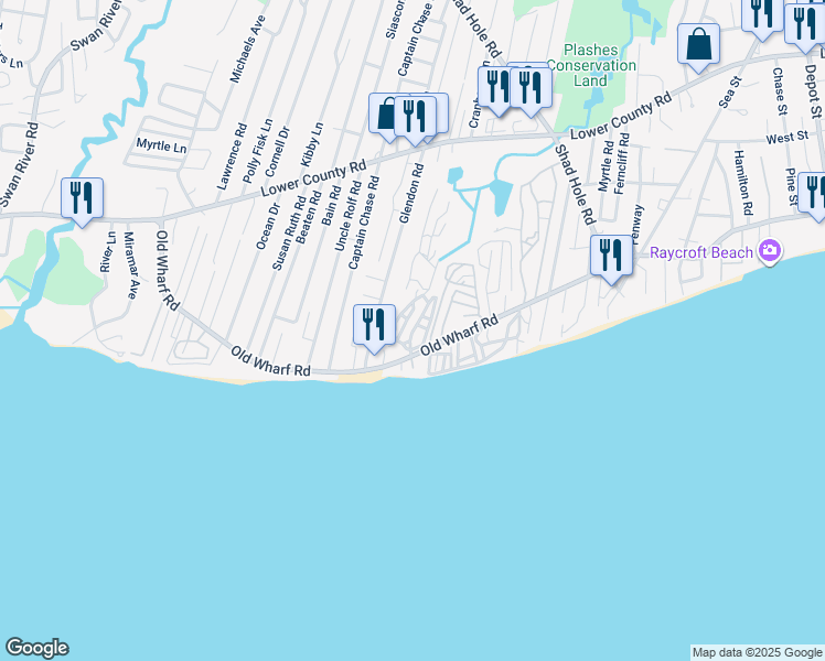 map of restaurants, bars, coffee shops, grocery stores, and more near 184 Old Wharf Road in Dennis
