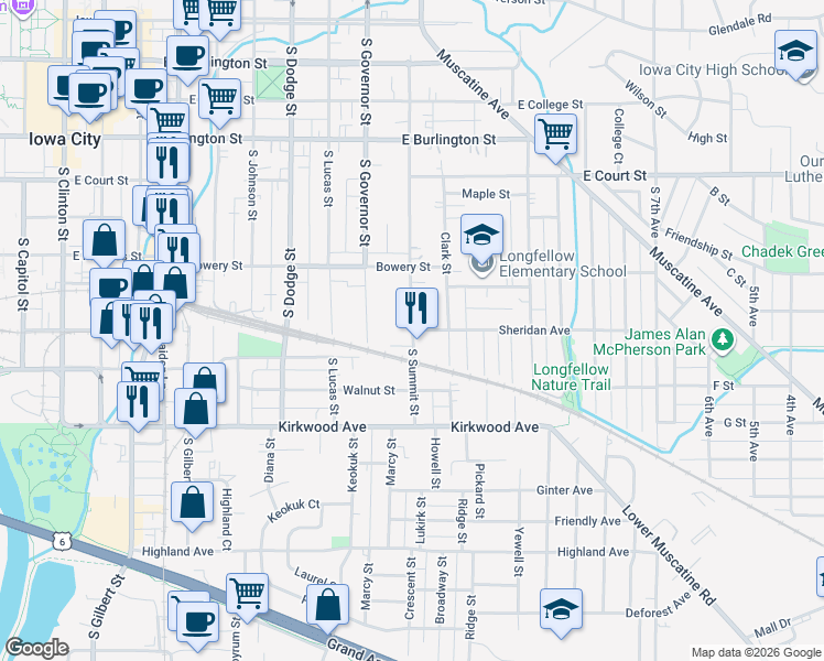 map of restaurants, bars, coffee shops, grocery stores, and more near 800 South Summit Street in Iowa City
