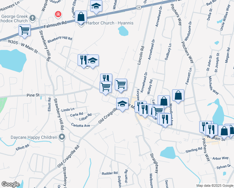 map of restaurants, bars, coffee shops, grocery stores, and more near 596 West Main Street in Barnstable