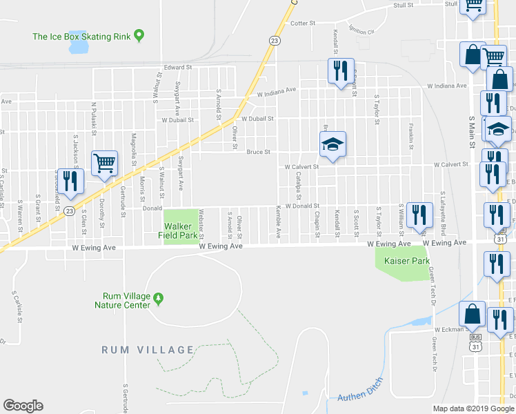 map of restaurants, bars, coffee shops, grocery stores, and more near 2101 South Douglas Street in South Bend