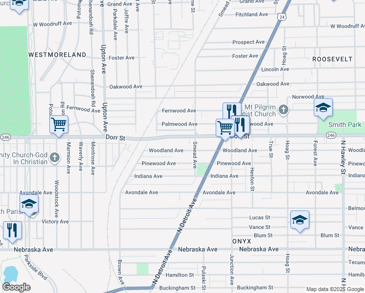 map of restaurants, bars, coffee shops, grocery stores, and more near 1548 Woodland Avenue in Toledo