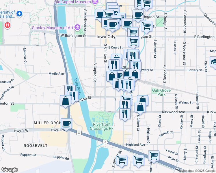 map of restaurants, bars, coffee shops, grocery stores, and more near 126 Lafayette Street in Iowa City