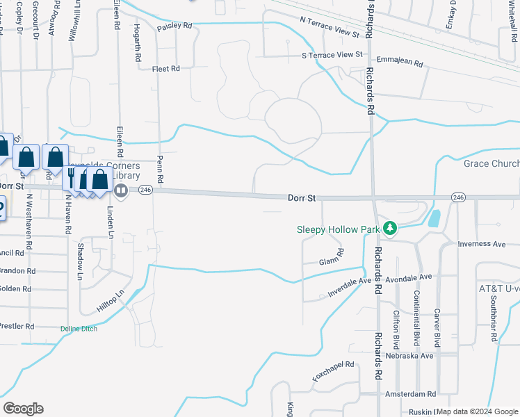 map of restaurants, bars, coffee shops, grocery stores, and more near 4601 Dorr Street in Toledo