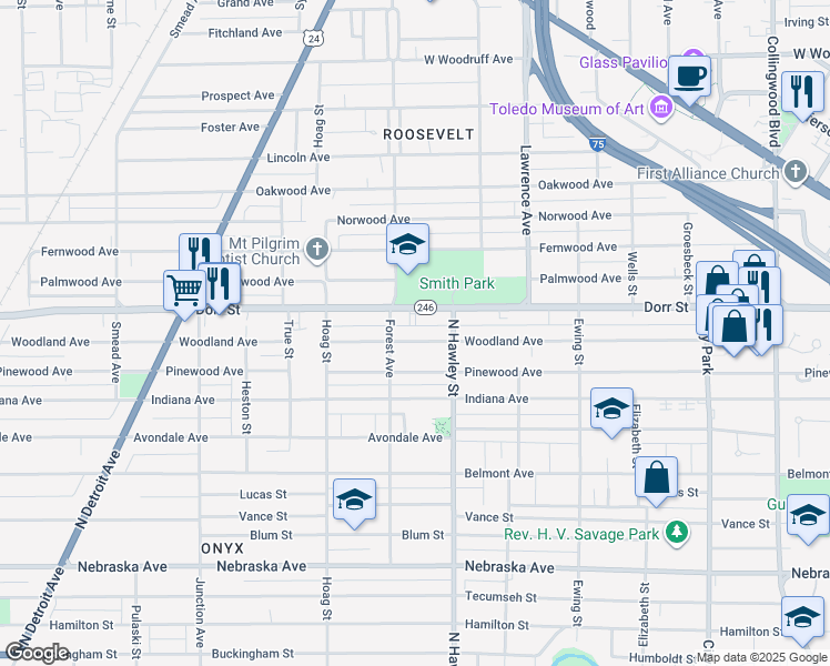 map of restaurants, bars, coffee shops, grocery stores, and more near 1040 Woodland Ave in Toledo