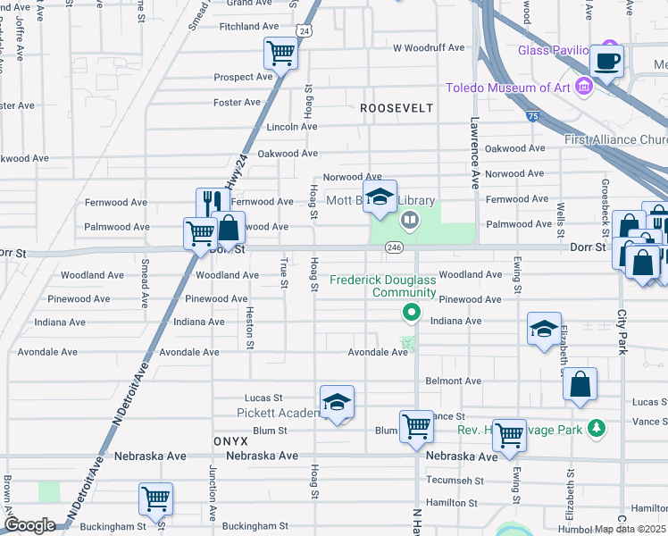 map of restaurants, bars, coffee shops, grocery stores, and more near 1140 Woodland Avenue in Toledo