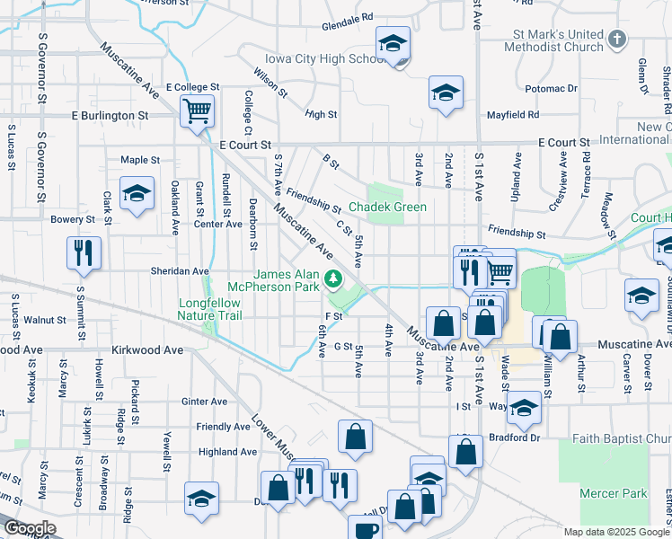 map of restaurants, bars, coffee shops, grocery stores, and more near 1851 Muscatine Avenue in Iowa City