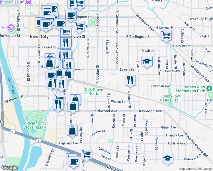 map of restaurants, bars, coffee shops, grocery stores, and more near 658 South Lucas Street in Iowa City