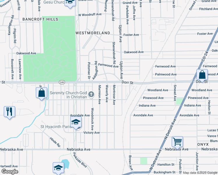 map of restaurants, bars, coffee shops, grocery stores, and more near 1211 Waverly Avenue in Toledo