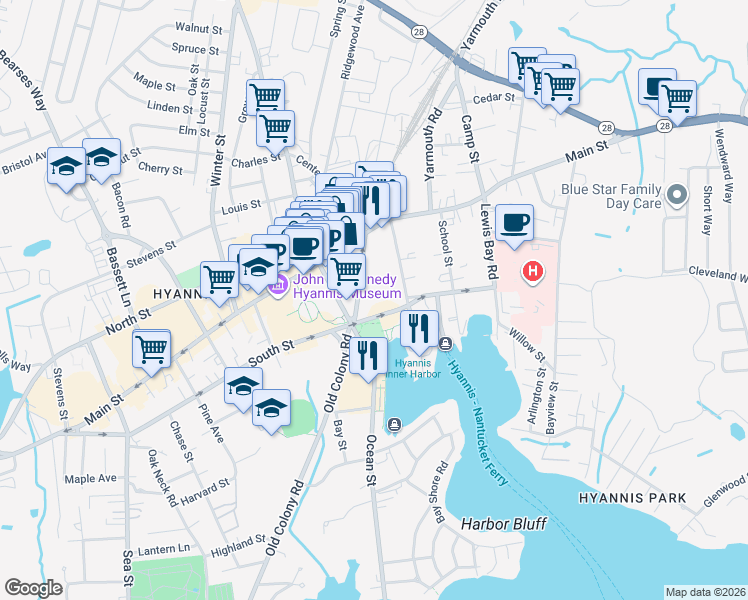 map of restaurants, bars, coffee shops, grocery stores, and more near 132 South Street in Barnstable