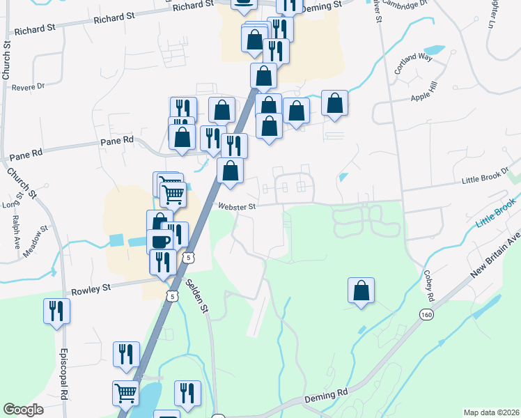 map of restaurants, bars, coffee shops, grocery stores, and more near 7 Horizon Hill Road in Newington