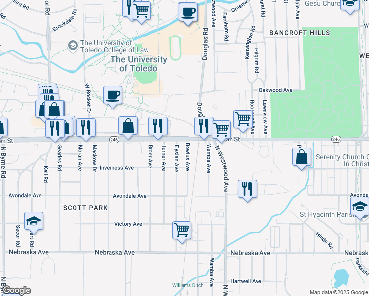 map of restaurants, bars, coffee shops, grocery stores, and more near 1209 Bowlus Avenue in Toledo