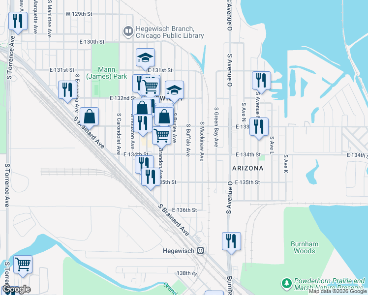 map of restaurants, bars, coffee shops, grocery stores, and more near 13359 South Burley Avenue in Chicago