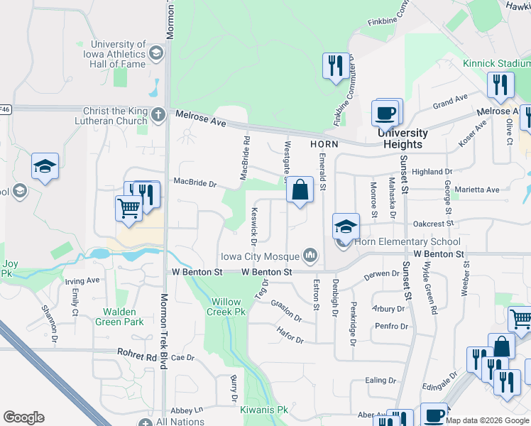 map of restaurants, bars, coffee shops, grocery stores, and more near 630 Wheaton Road in Iowa City