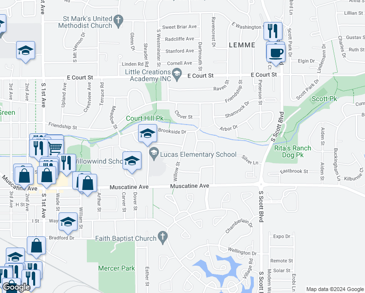 map of restaurants, bars, coffee shops, grocery stores, and more near 3484 Eastwood Drive in Iowa City
