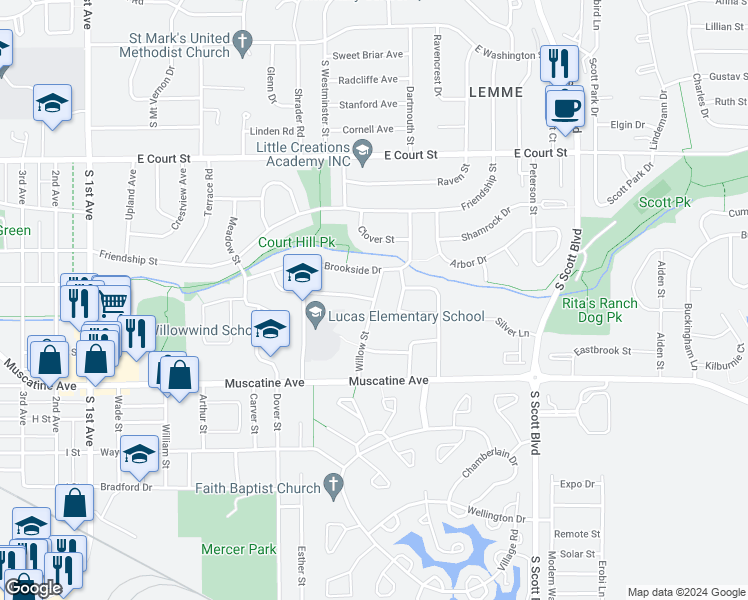 map of restaurants, bars, coffee shops, grocery stores, and more near 3420 Eastwood Drive in Iowa City