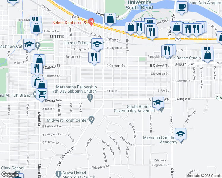 map of restaurants, bars, coffee shops, grocery stores, and more near 1527 East Fox Street in South Bend