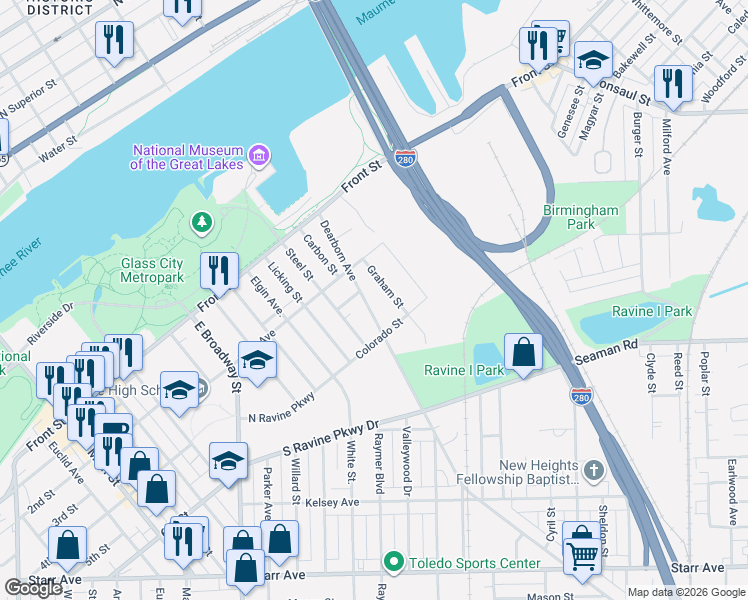 map of restaurants, bars, coffee shops, grocery stores, and more near 268 Graham Street in Toledo