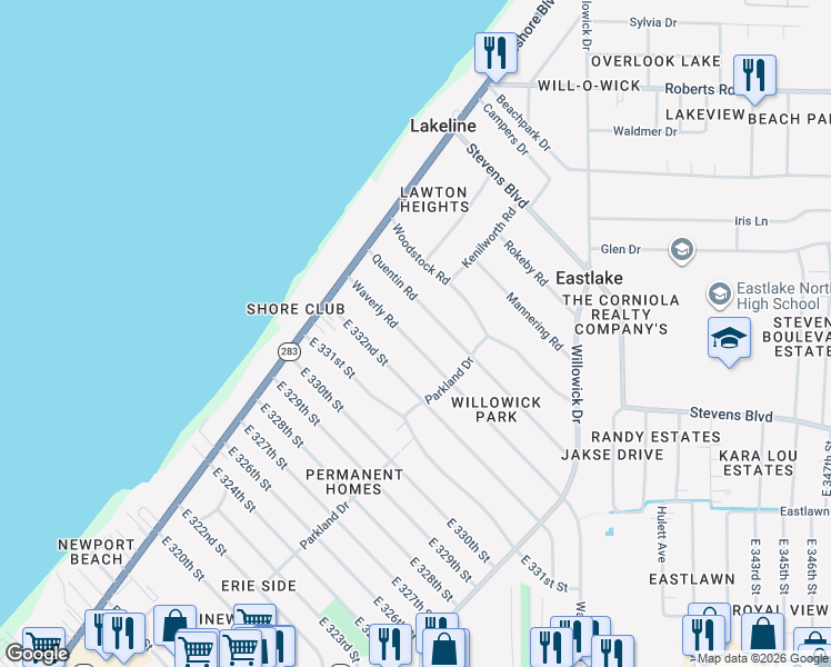 map of restaurants, bars, coffee shops, grocery stores, and more near 564 Waverly Road in Eastlake