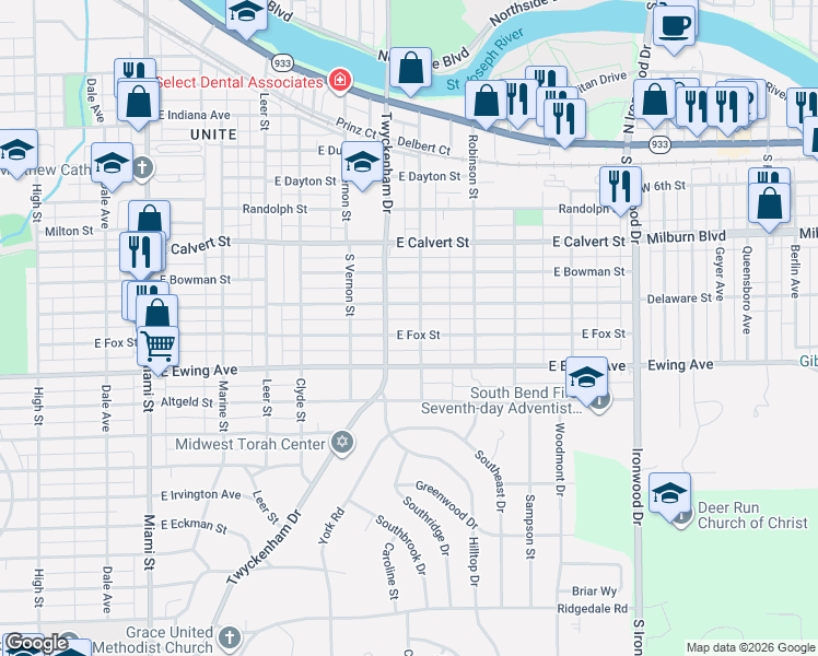 map of restaurants, bars, coffee shops, grocery stores, and more near 1532 East Fox Street in South Bend