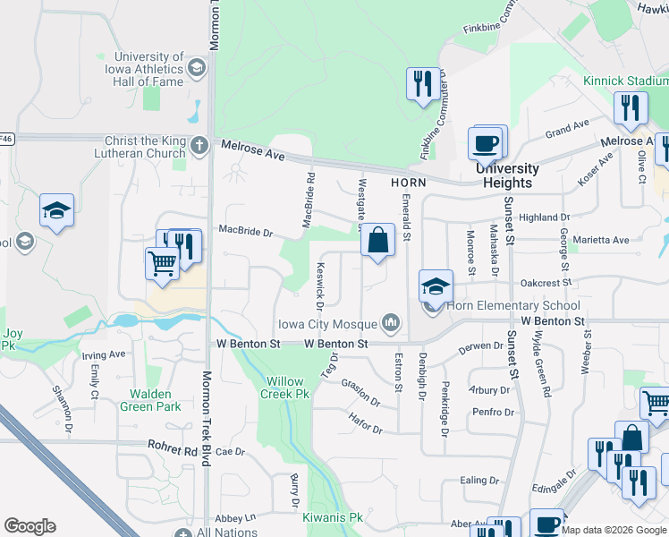 map of restaurants, bars, coffee shops, grocery stores, and more near 630 Wheaton Road in Iowa City