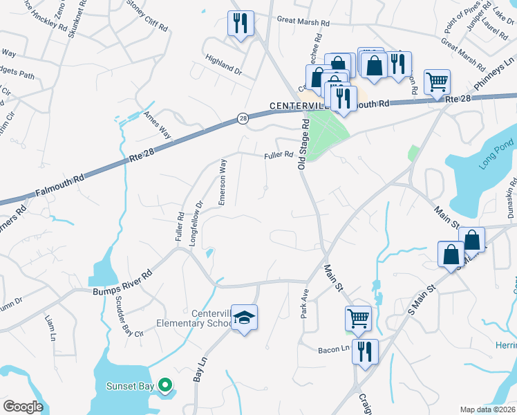 map of restaurants, bars, coffee shops, grocery stores, and more near 52 Meadow Farm Road in Barnstable