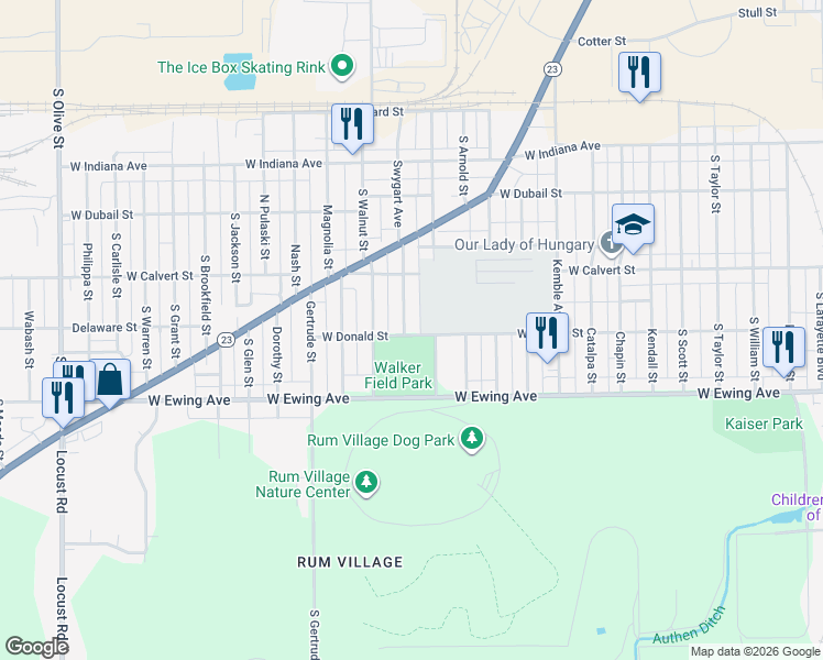map of restaurants, bars, coffee shops, grocery stores, and more near 2026 Swygart Avenue in South Bend