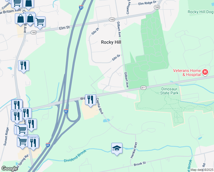map of restaurants, bars, coffee shops, grocery stores, and more near 64 Butternut Ln in Rocky Hill