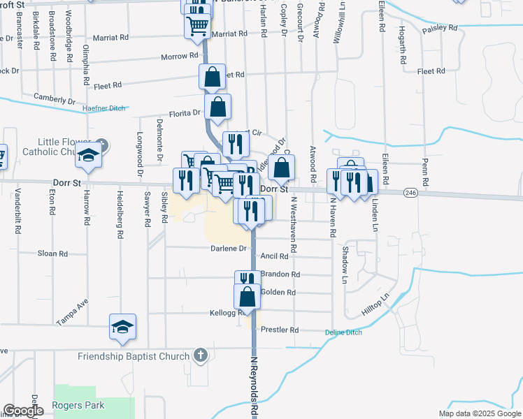 map of restaurants, bars, coffee shops, grocery stores, and more near 1308 North Reynolds Road in Toledo