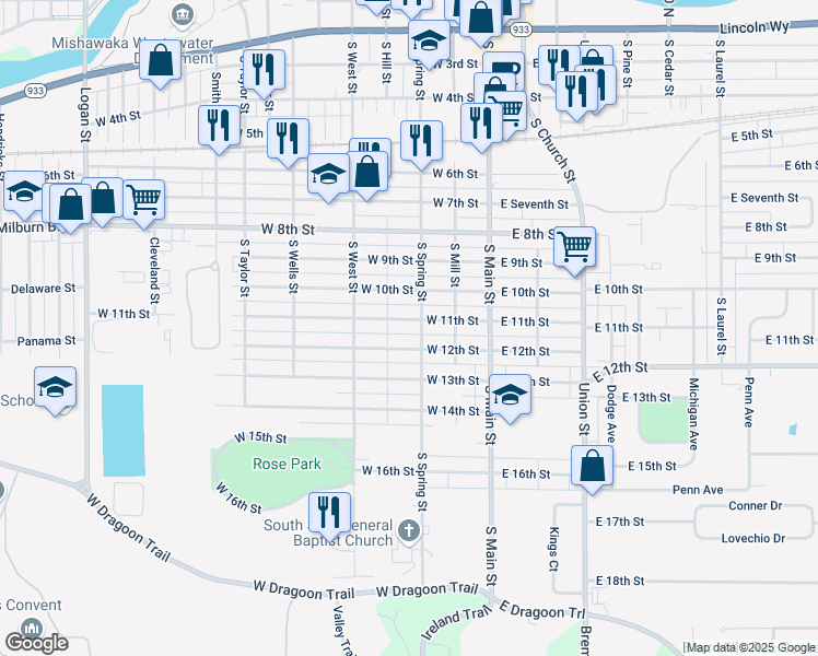 map of restaurants, bars, coffee shops, grocery stores, and more near 311 West 11th Street in Mishawaka