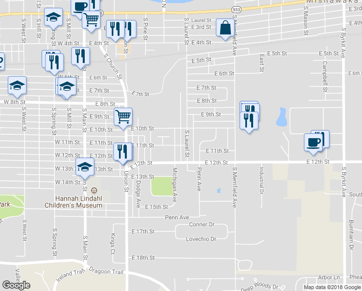 map of restaurants, bars, coffee shops, grocery stores, and more near 671 East 11th Street in Mishawaka
