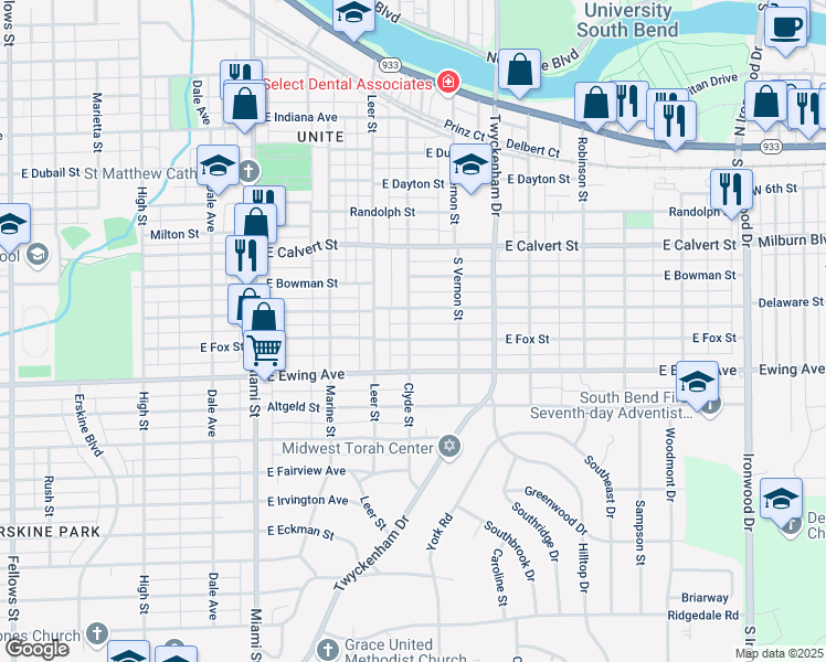 map of restaurants, bars, coffee shops, grocery stores, and more near 2205 Clyde Street in South Bend