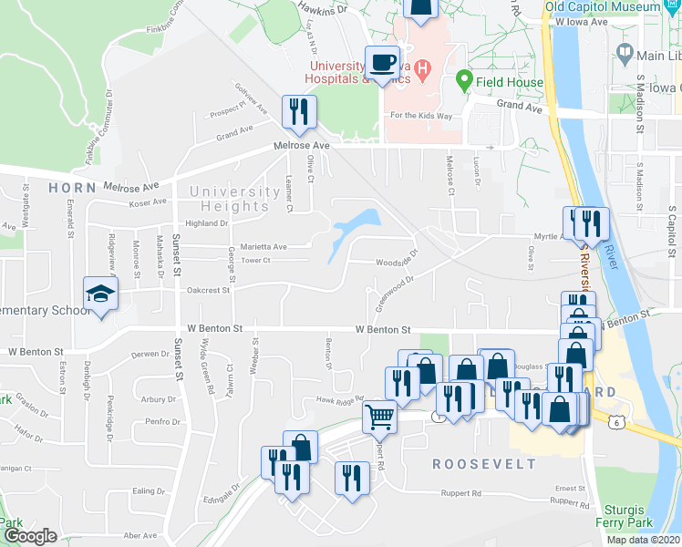 map of restaurants, bars, coffee shops, grocery stores, and more near 916 Oakcrest Street in Iowa City