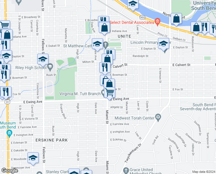 map of restaurants, bars, coffee shops, grocery stores, and more near 2118 Miami Street in South Bend