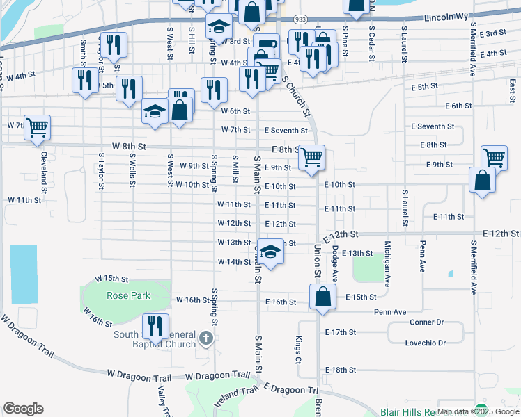 map of restaurants, bars, coffee shops, grocery stores, and more near 101 East 11th Street in Mishawaka