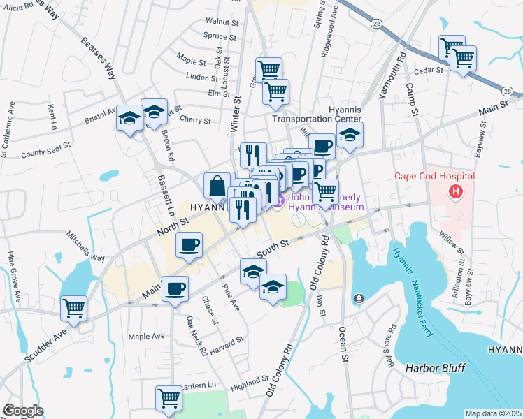 map of restaurants, bars, coffee shops, grocery stores, and more near 435 Main Street in Barnstable