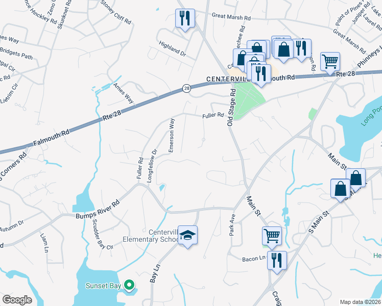 map of restaurants, bars, coffee shops, grocery stores, and more near 52 Meadow Farm Road in Barnstable