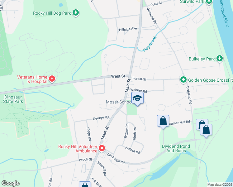 map of restaurants, bars, coffee shops, grocery stores, and more near 2831 Main Street in Rocky Hill