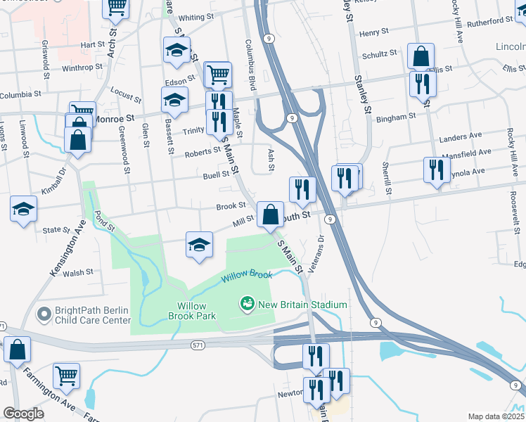 map of restaurants, bars, coffee shops, grocery stores, and more near 487 South Main Street in New Britain