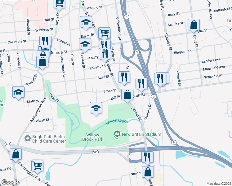 map of restaurants, bars, coffee shops, grocery stores, and more near 33 Mill Street in New Britain