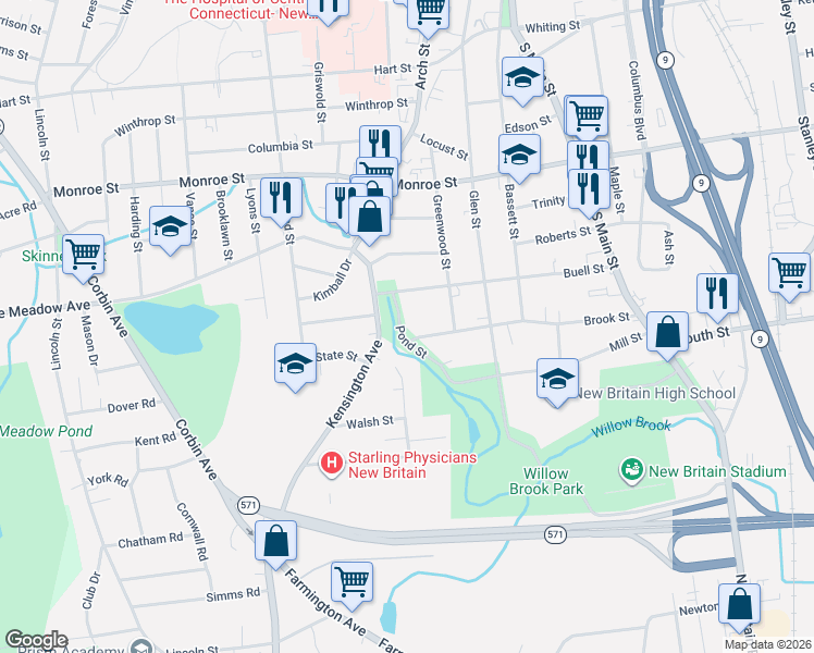 map of restaurants, bars, coffee shops, grocery stores, and more near 101 Kensington Avenue in New Britain