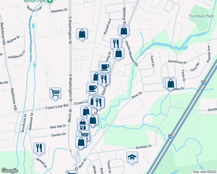 map of restaurants, bars, coffee shops, grocery stores, and more near 464 East Street in Plainville