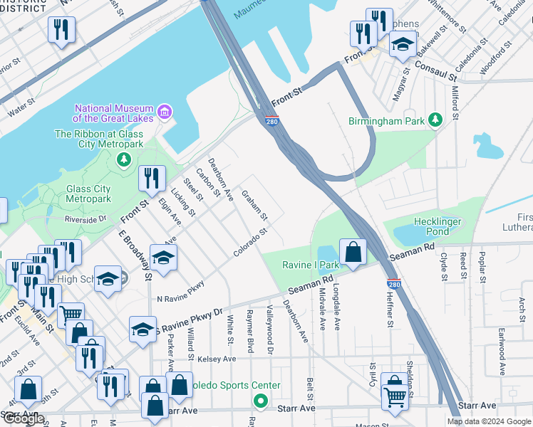 map of restaurants, bars, coffee shops, grocery stores, and more near 268 Graham Street in Toledo