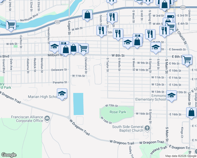 map of restaurants, bars, coffee shops, grocery stores, and more near 1403 Berkley Cir in Mishawaka