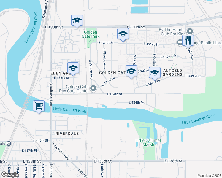 map of restaurants, bars, coffee shops, grocery stores, and more near 13327 South Eberhart Avenue in Chicago