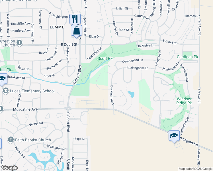 map of restaurants, bars, coffee shops, grocery stores, and more near 4062 Buckingham Lane in Iowa City