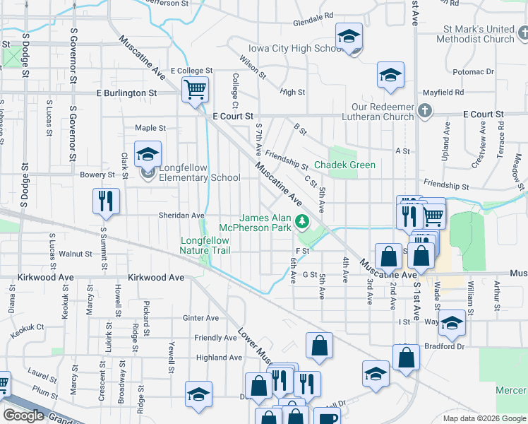map of restaurants, bars, coffee shops, grocery stores, and more near 807 South 7th Avenue in Iowa City