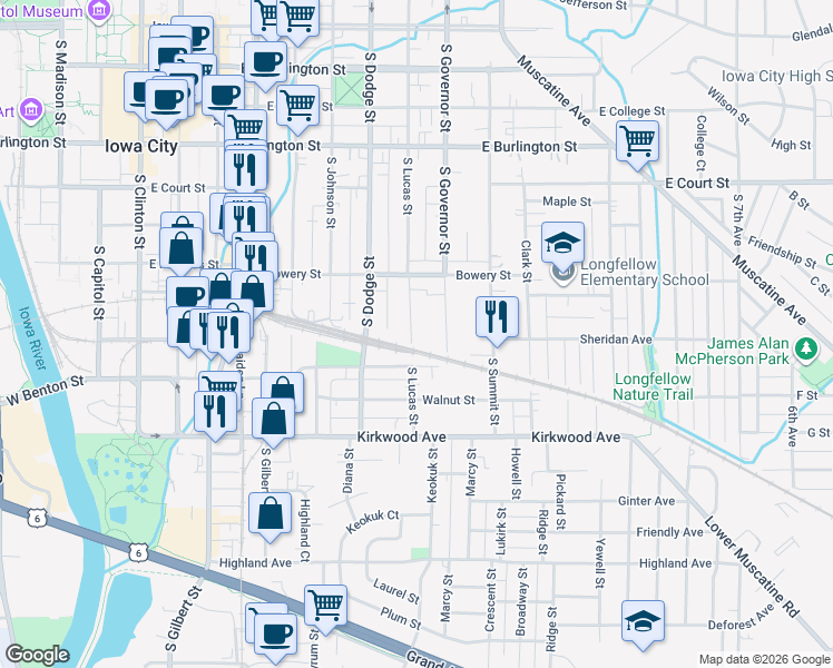 map of restaurants, bars, coffee shops, grocery stores, and more near 658 South Lucas Street in Iowa City